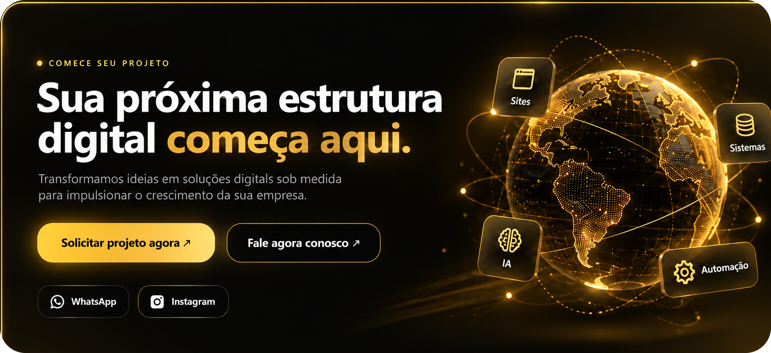 Sua próxima estrutura digital começa aqui. Solicite um projeto ou fale com a Líder Assessoria. Globo dourado com sites, sistemas, IA e automação.