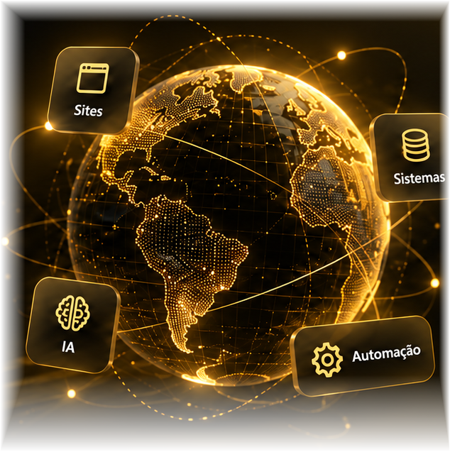 Globo tecnológico dourado representando Sites, Sistemas, IA e Automação.