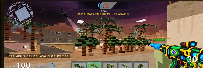 Cena do BRAVOX com ambiente 3D voxel, armas futuristas e interface do jogo